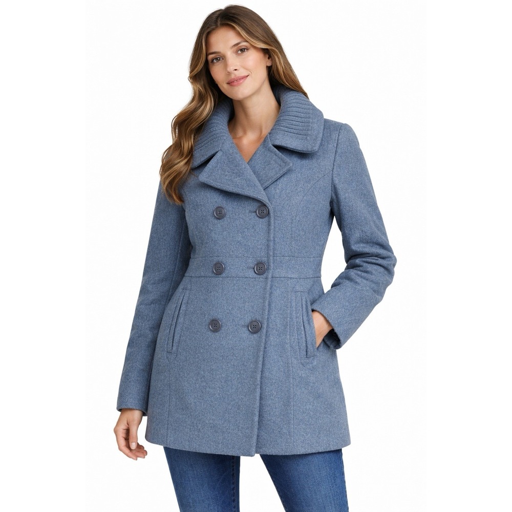 VIA Wool Long Pea Coat Women's Size 8 Gray Double Breasted Jacket Trench NICE!!